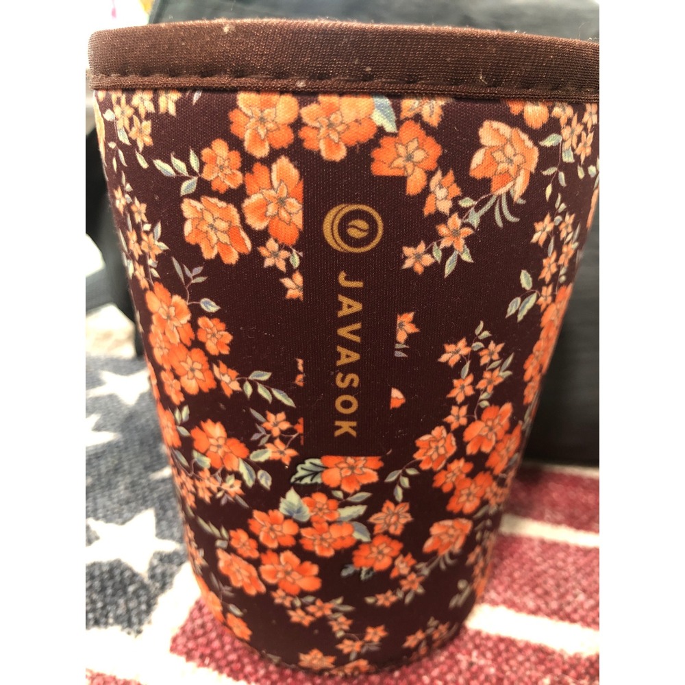 JavaSok Sok-It Iced Coffee Insulated Neoprene Sleeve Brown Orange Floral Picnic